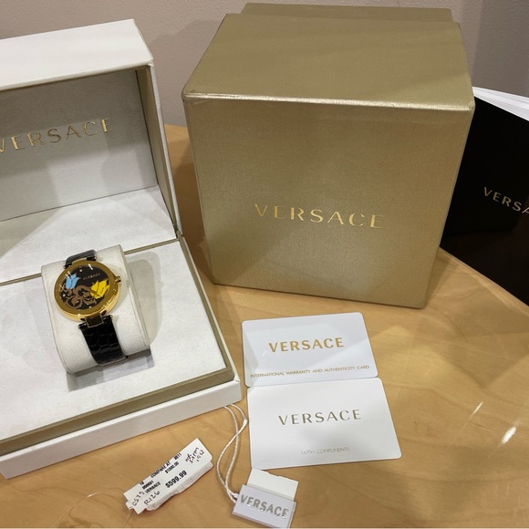 Authentic Versace Lady Watch Gold Plated With Diamonds & Leather - Picture 1 of 11